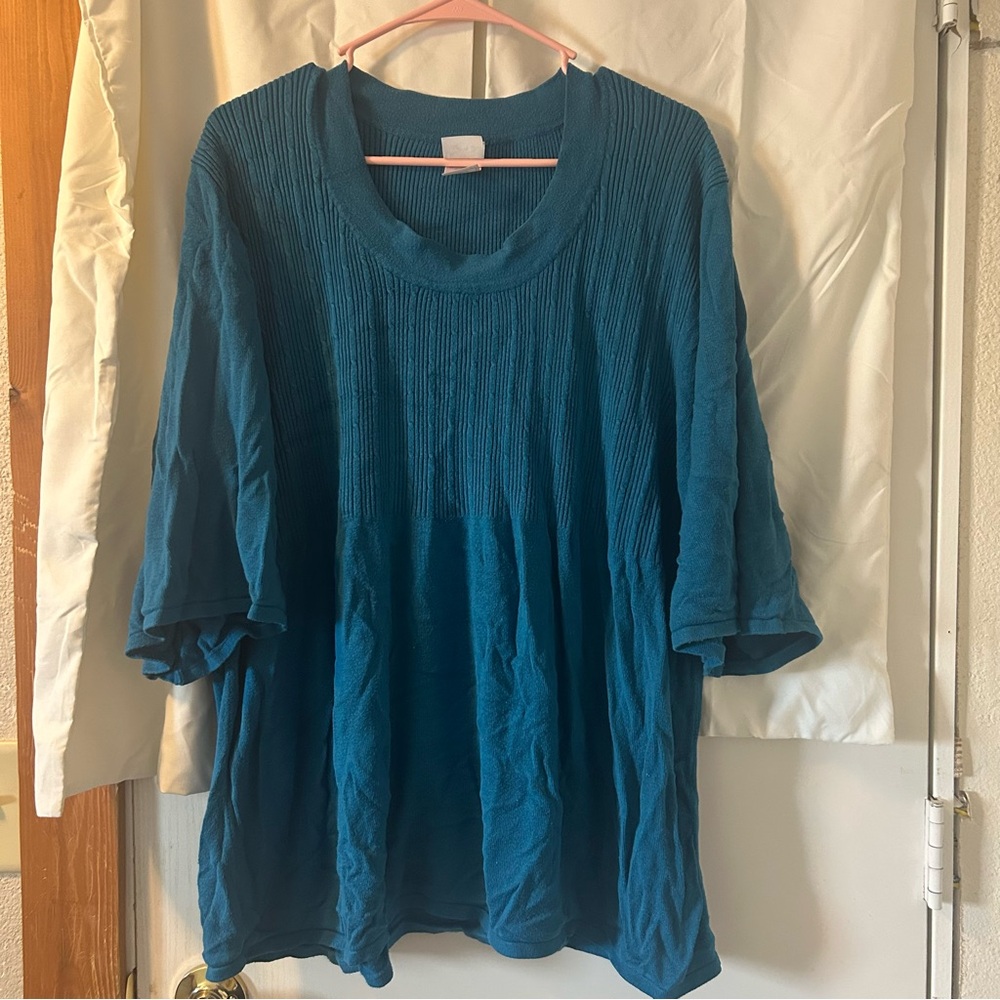 Blue Boxy Ribbed Blouse with Cuffed 3/4 Sleeves